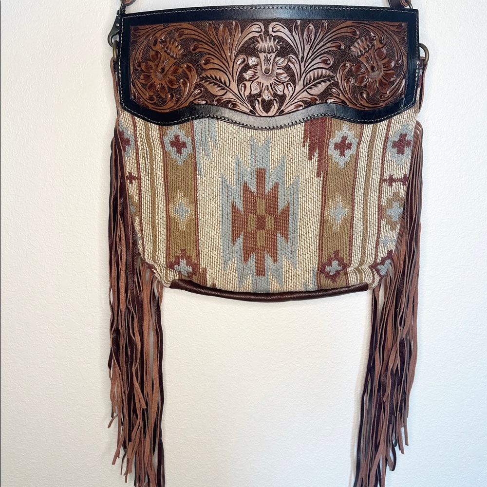 Tooled Leather Western Fringe Aztec Patterned Purse - Picture 4 of 6